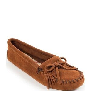 Minnetonka Womens Kilty Softsole Suede Bow Fringe Moccasins Brown Size 6 102